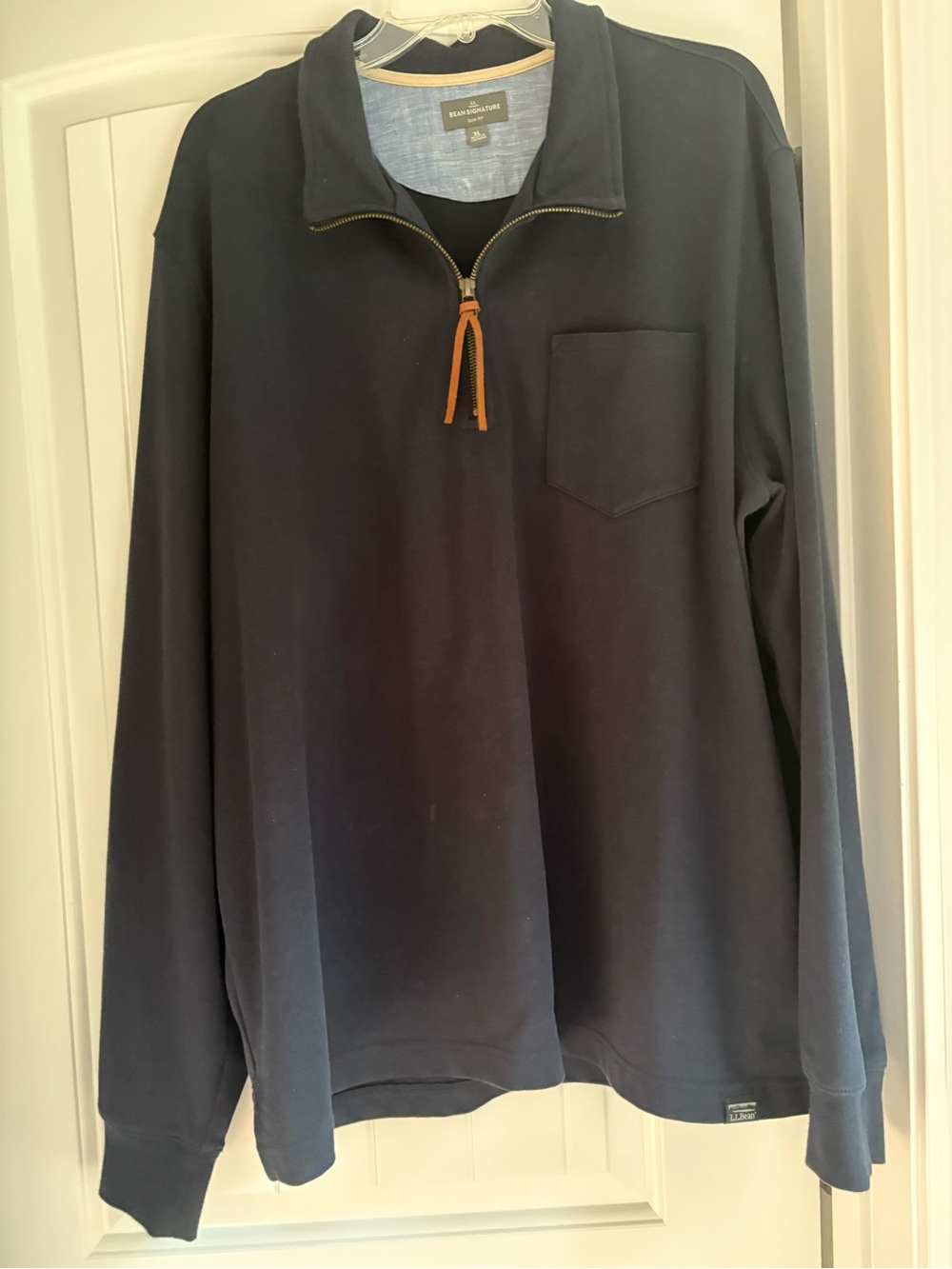 LL Bean Signature Men’s Navy Quarter-Zip Sweater with Brown Zipper Pull